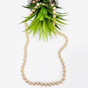 Vintage 24” Beige Faux Pearl Glass Hand Knotted Beaded Necklace